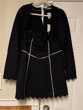 Maeve Black Dress with White Piping and Scalloped Trim
